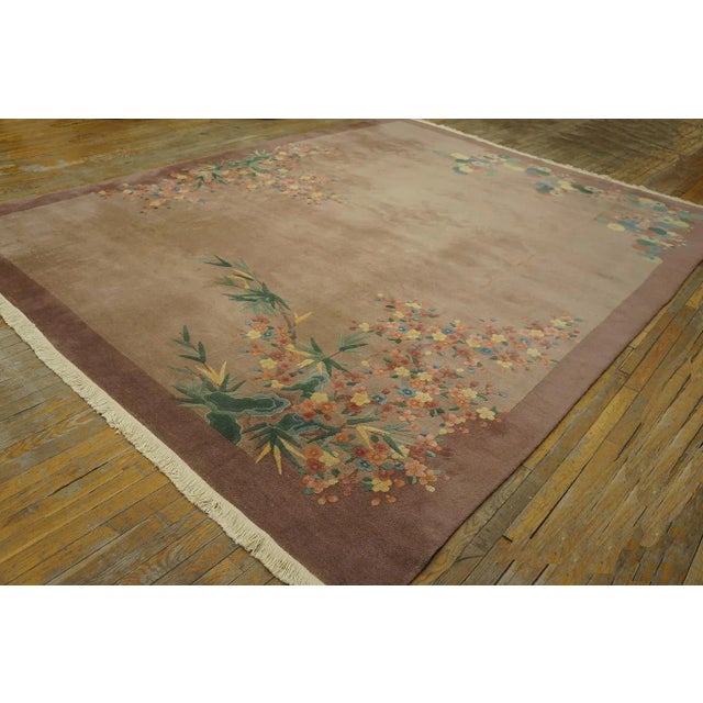 Art Deco 1920s Tan Taupe Open Field Floral Antique Chinese Art Deco Carpet 8'10'' X 11'8'' Knotted Wool Rug For Sale - Image 3 of 12