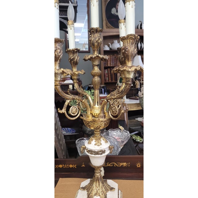 1950s 1950s Pair French Stone and Gilt Brass Candelabra Lamps For Sale - Image 5 of 16