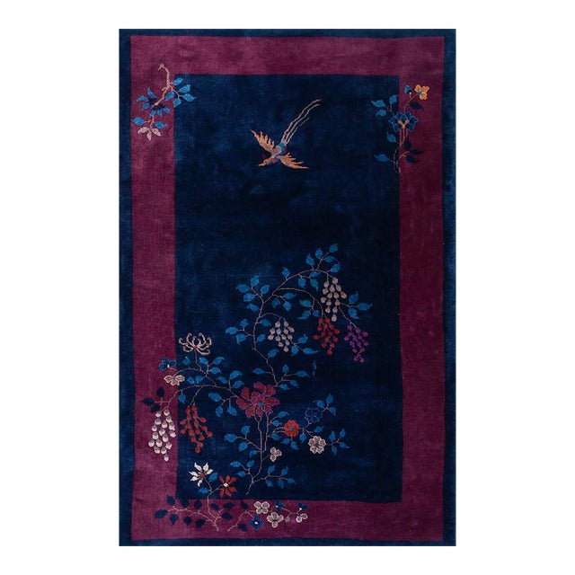 1920s Blue Navy Floral Bird Antique Chinese Art Deco Carpet 4'1" X 6'8" Knotted Wool Rug For Sale