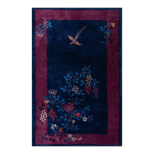 1920s Blue Navy Floral Bird Antique Chinese Art Deco Carpet 4'1" X 6'8" Knotted Wool Rug