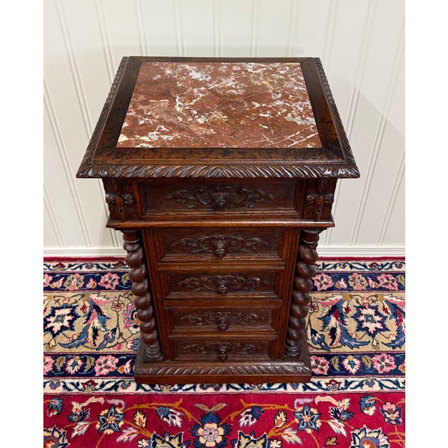 Antique French Marble Top Chest Side or End Table Nightstand Barley Twist Oak For Sale - Image 14 of 18