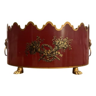 Vintage Large Italian Tole Gilt & Cranberry / Burgundy Red Monteith Cache Pot / Jardinere / Planter With Lion Head Rings and Paw Feet For Sale