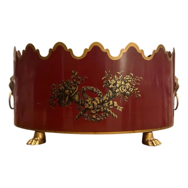 Vintage Large Italian Tole Gilt & Cranberry / Burgundy Red Monteith Cache Pot / Jardinere / Planter With Lion Head Rings and Paw Feet For Sale