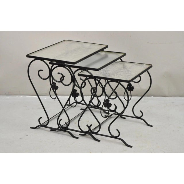 Vintage John Salterini Art Nouveau Black Wrought Iron Maple Leaf Garden Nesting Tables - Set of 3 (2 pieces of plexiglass...