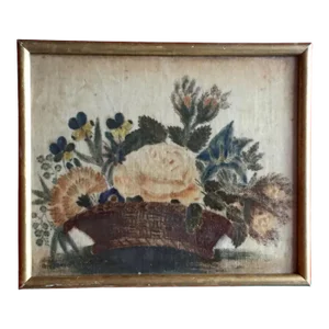 19th Century American Theorem Painting on Velvet of a Basket of Flowers in Gilt Wood Frame