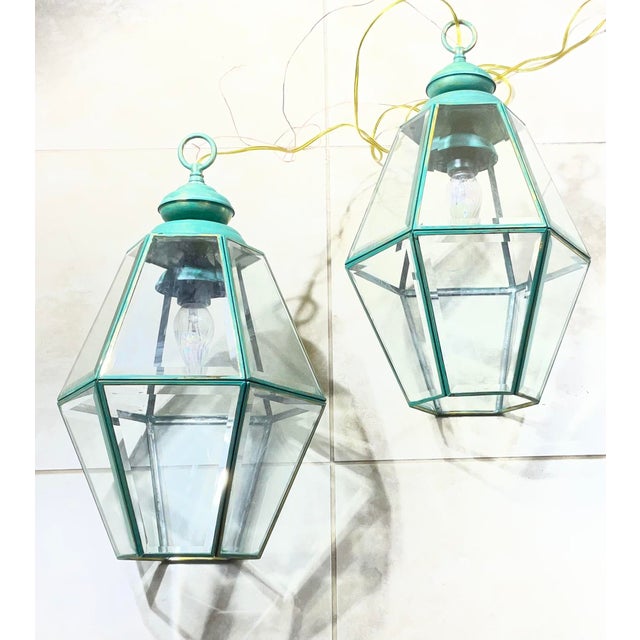 1980s Stunning Pair of Vintage Solid Brass & Glass Geometric Hanging Lanterns - a Pair For Sale - Image 14 of 16