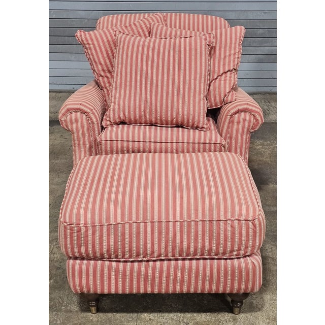 Store Item: Bloomingdale's Brownstone East Armchair and Matching Ottoman and throw pillows Description: Chairs feature a...