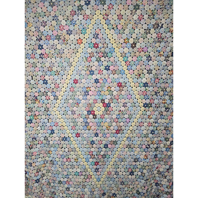 Antique American Folk Art Dimensional Padded Button Center Yo-Yo Quilt With Geometric Diamond Pattern For Sale - Image 9 of 12