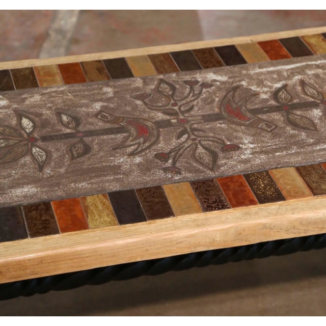 Metal Mid-Century French Vallauris Ceramic and Oak Coffee Table Signed Jg Picard For Sale - Image 7 of 9