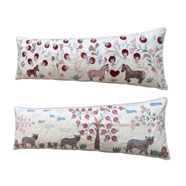 Mid-Century Modern White Animal Suzani Lumbar Pillow Cover 18'' X 56'' - Set of Two For Sale - Image 3 of 4