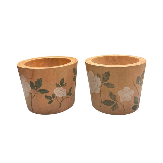 A Pair of Vintage Solid Teak Hand-Painted Floral Cache Pots For Sale In West Palm - Image 6 of 12
