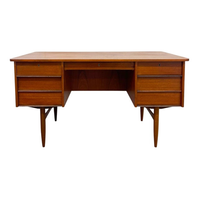 Vintage Mid Century Modern Danish Teak Executive Desk With Rear Bookshelf. For Sale - Image 9 of 13