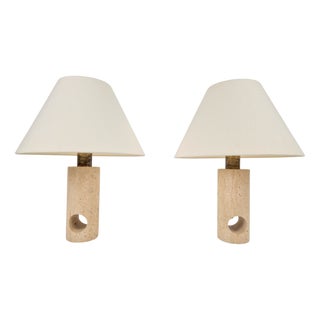 Vintage Travertine Brass Table Lamps attributed to Fratelli Mannelli, Italy, 1970s, Set of 2 For Sale