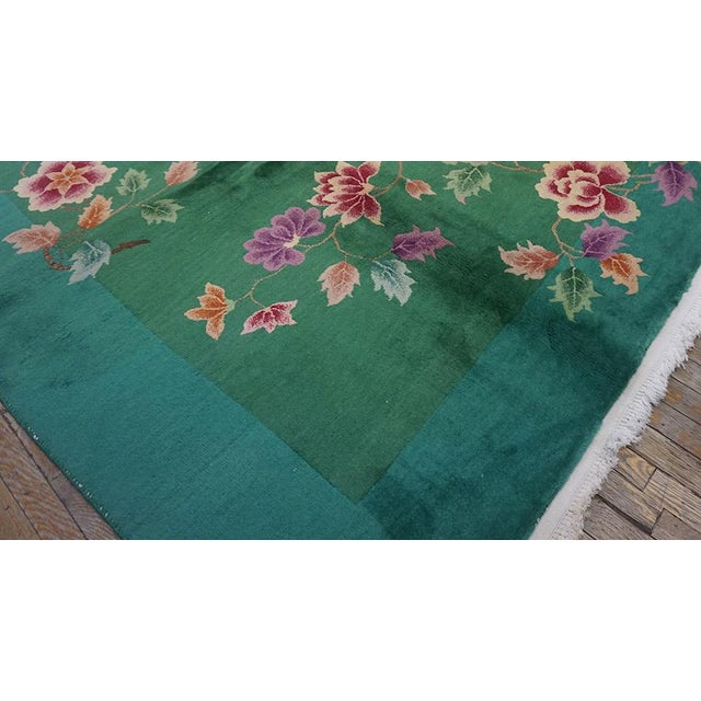 1920s Green Floral Modern Antique Chinese Art Deco Rug 8' 8"x11' 4" Handknotted Wool Carpet For Sale - Image 9 of 13