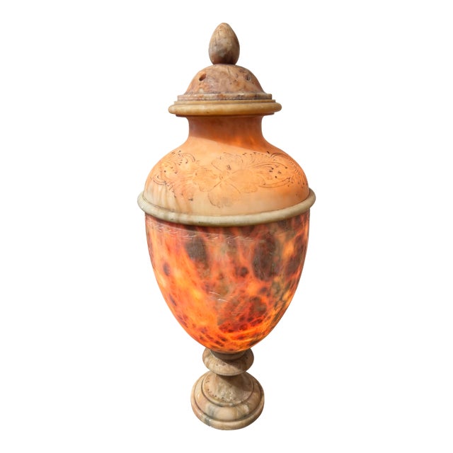 Vintage Italian Carved Alabaster Urn Lamp With Hand Etched Floral Design For Sale
