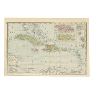 Antique Map of the West Indies, with Cuba, Jamaica and Puerto Rico, 1899 For Sale