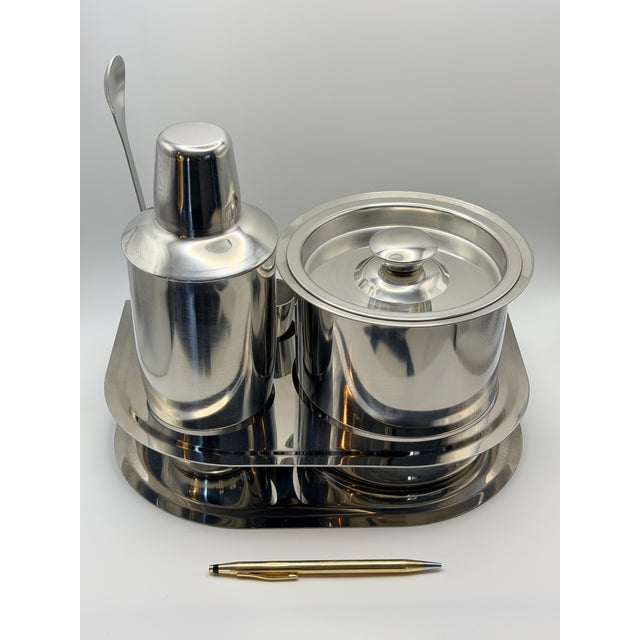 Mid-Century Modern Complete Vintage Mid-Century Modern Stainless Steel Bar Set With Ice Bucket, Cocktail Shaker & Serving Tray - 5 pcs For Sale - Image 3 of 8