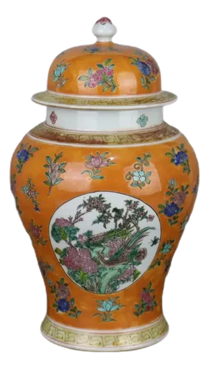 Antique Chinese Ceramic Pot Qing Dynasty Kangxi Marked Red Ground Famille Rose Porcelain Ginger Jar Hand Painted Flowers and Birds Pattern