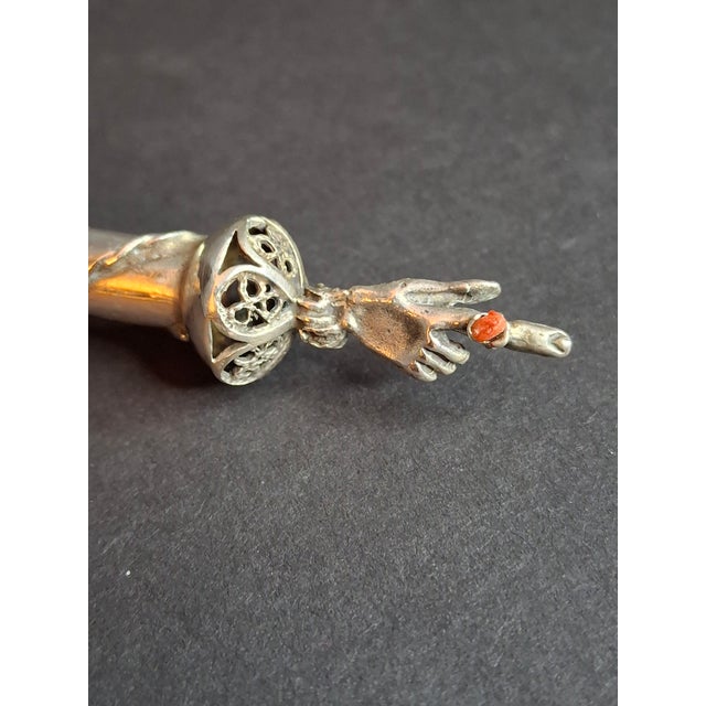 Antique 1812 Silver Torah Pointer Yad - 84 Zolotnik - Filigree & Coral Stone For Sale In Boston - Image 6 of 18