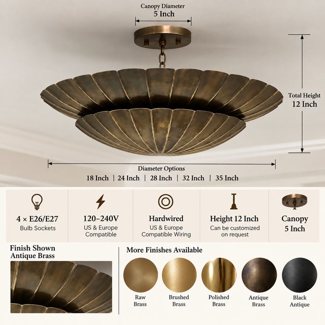 Art Deco Handcrafted Pure Brass Flush Mount Ceiling Light | Vintage Art Deco Pendant For Sale - Image 3 of 14