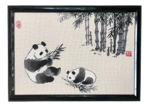 Large Vintage Chinoiserie Panda Bear and Bamboo Framed Needlepoint