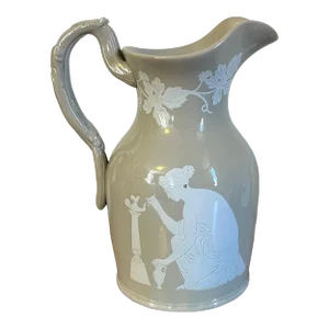 Antique 19th Century English Victorian Drabware Pitcher With White Classical Figures