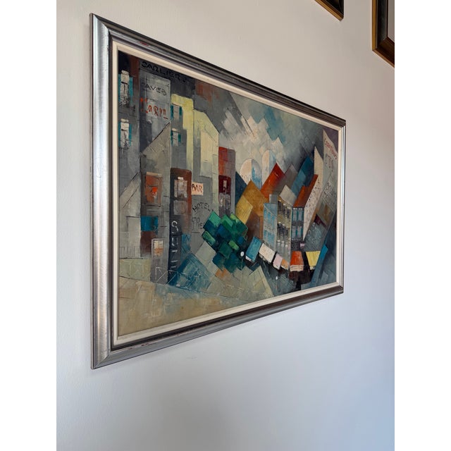 Striking 1970’s mid-century oil on canvas depicting an abstract geometric cityscape with strong architectural influence....