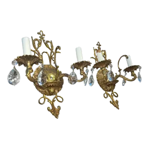 1920s French Neoclassical Style Gilt Bronze & Crystal Wall Sconces From Moe Bridges - a Pair