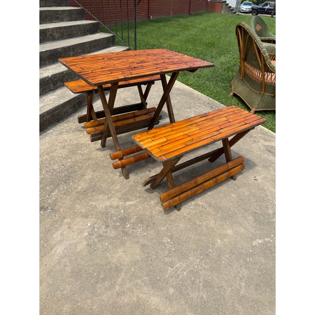 Vintage Boho Folding Bamboo Picnic Table & Benches For Sale - Image 4 of 8