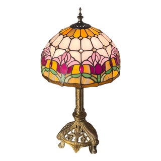 Antique Art Nouveau Bronze Lamp with Stained Glass Shade in the style of Tiffany, 1900 For Sale