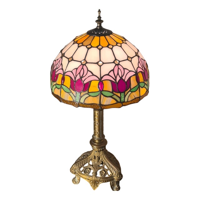 Antique Art Nouveau Bronze Lamp with Stained Glass Shade in the style of Tiffany, 1900 For Sale