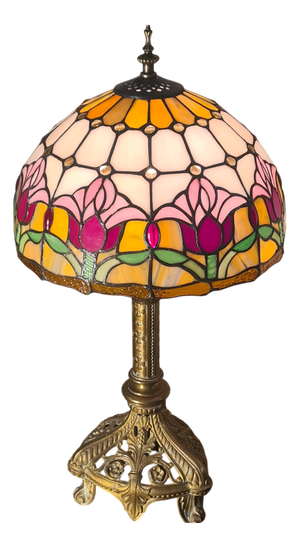 Antique Art Nouveau Bronze Lamp with Stained Glass Shade in the style of Tiffany, 1900