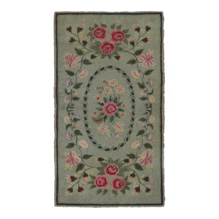Antique Hooked Rug With Floral Medallions in Soft Sage Green - Rug & Kilim For Sale