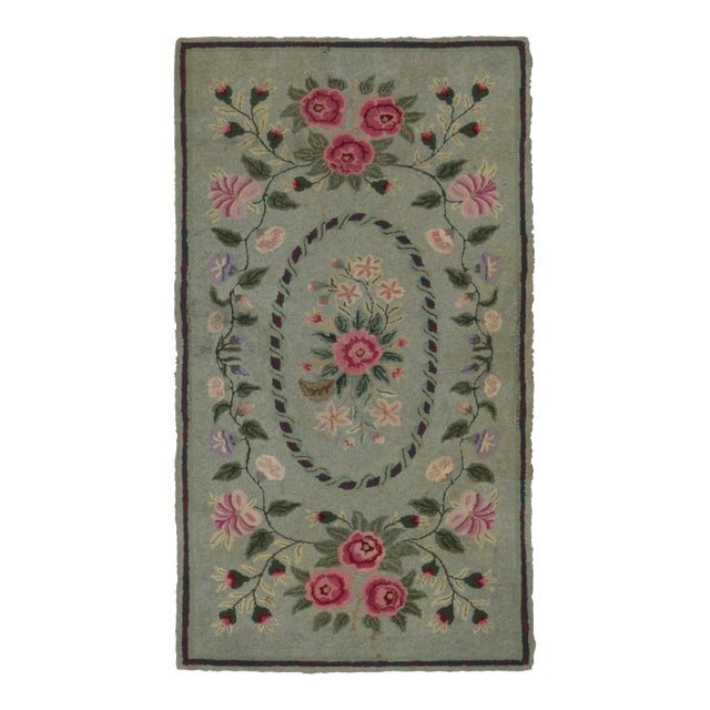 Antique Hooked Rug With Floral Medallions in Soft Sage Green - Rug & Kilim For Sale