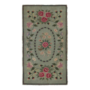 Antique Hooked Rug With Floral Medallions in Soft Sage Green - Rug & Kilim