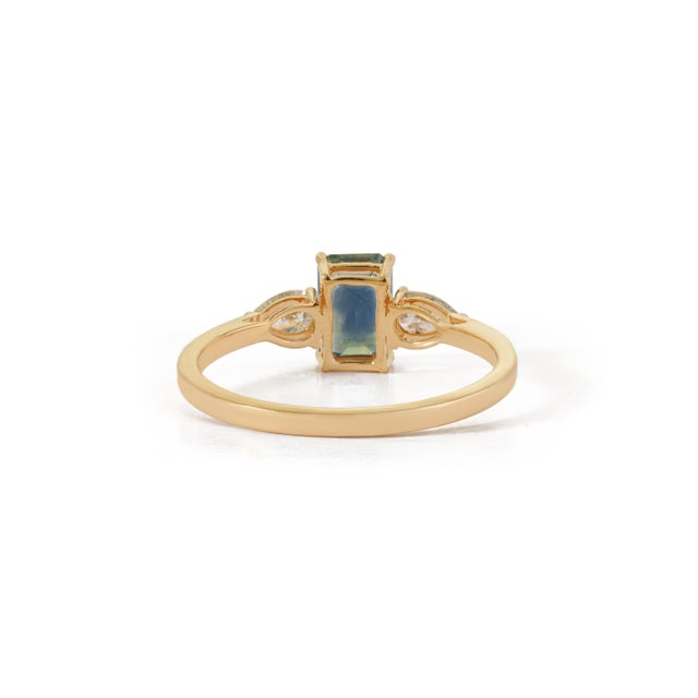 14k Gold 1.22ct Octagon Blue Sapphire & Pear Diamonds Three Stone Ring Size 4 For Sale - Image 10 of 18