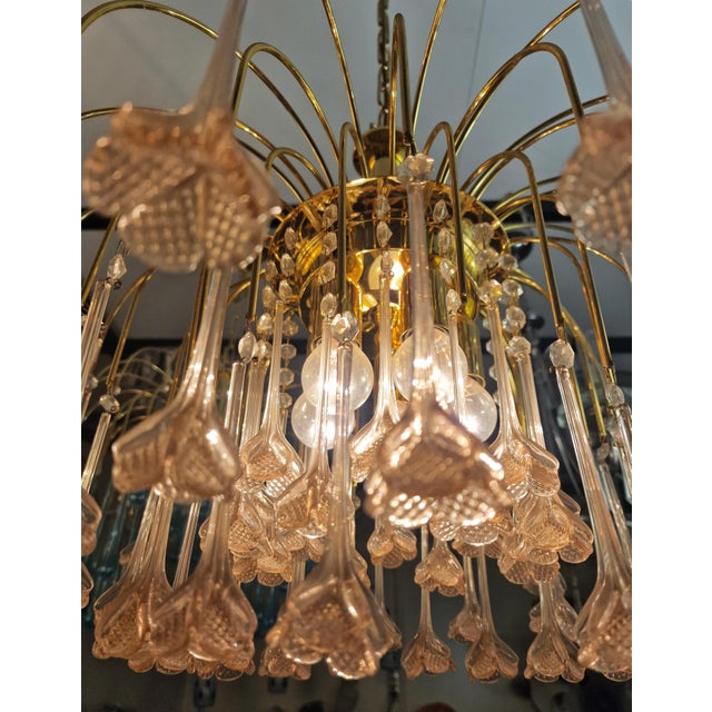 Vintage Gold Rain Chandelier with Handmade Murano Glass Pink Flowers, Italy, 1960 For Sale - Image 13 of 16
