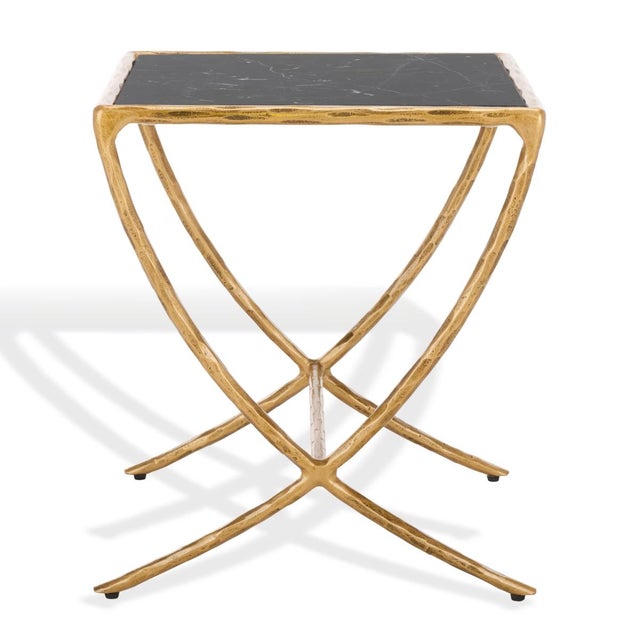 Wood Debbie Square Metal Accent Table in Brass with Black Marble Top For Sale - Image 7 of 8