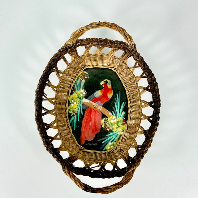 Mexican 1950s Vintage Mexican Folk Art Original Feather Mixed Media Acrylic Bird Painting With Basket Frame For Sale - Image 3 of 14