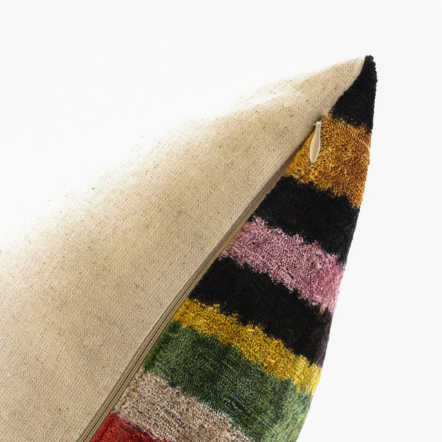 Textile Handmade Multicolored Striped Silk Velvet Throw Pillow With Down Feather Insert For Sale - Image 7 of 10
