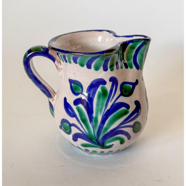 Lovely Spanish Fajalauza Hand Painted terracotta creamer pitcher with beautiful shades of cobalt and teal glazes. This...