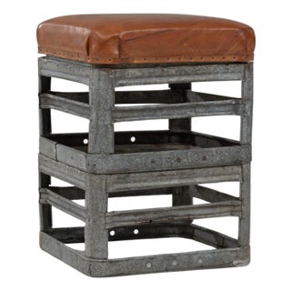 20th Century Czechia Metal Stool With Leather Seat For Sale