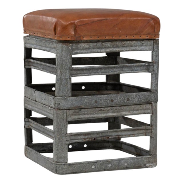 20th Century Czechia Metal Stool With Leather Seat For Sale
