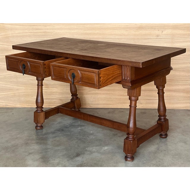 Brown Pair of Early 20th Spanish Light Walnut Country Farm Desk with Two Drawers For Sale - Image 8 of 18