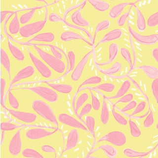 Wallflower Vines Wallpaper by Susan Hable in Pink on Yellow For Sale