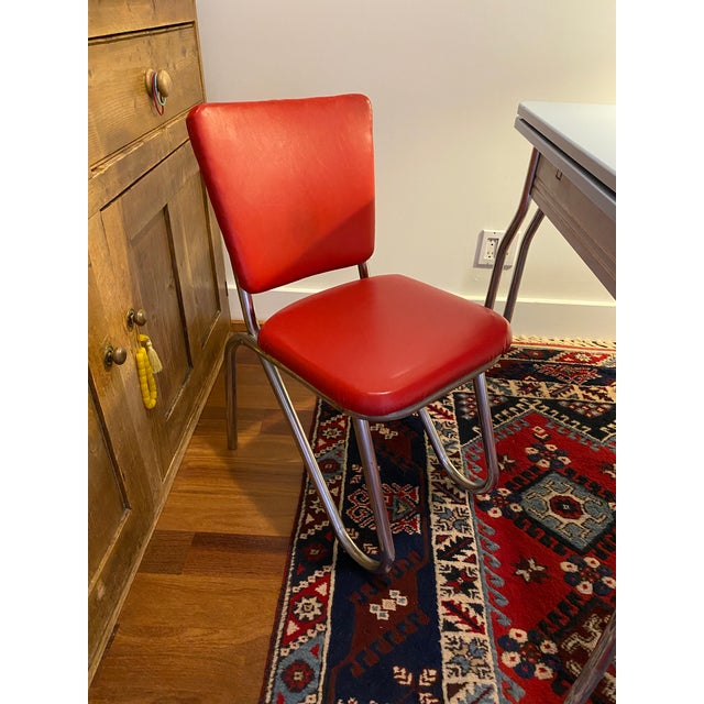 American 1940s Powder Blue Enamel Dining Table With Hairpin Legs + 2 Red Leather Chairs For Sale - Image 3 of 6