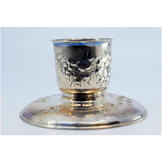 Art Nouveau Silver Cup and Saucer with Insects and Floral Motifs Relief and Tree Trunk-Shaped Handle, Set of 2 For Sale - Image 5 of 9