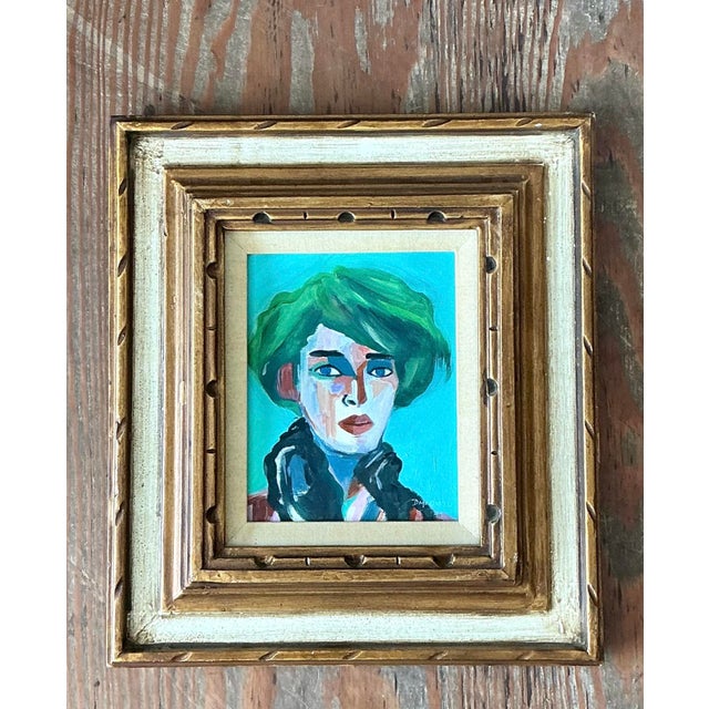 Wood Vintage Original Abstract Portrait on Canvas For Sale - Image 7 of 12