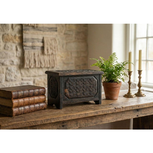 Antique Primitive Geometric Chip-Carved Tramp Art Box, Circa 1900 Description: A highly textural and decorative antique...