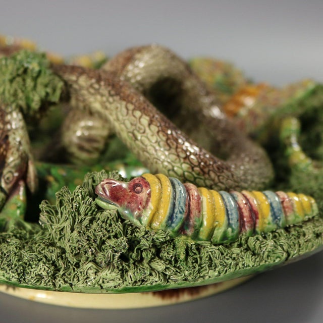 Green Cunha Palissy Majolica Snake and Lizard Wall Plate For Sale - Image 8 of 12